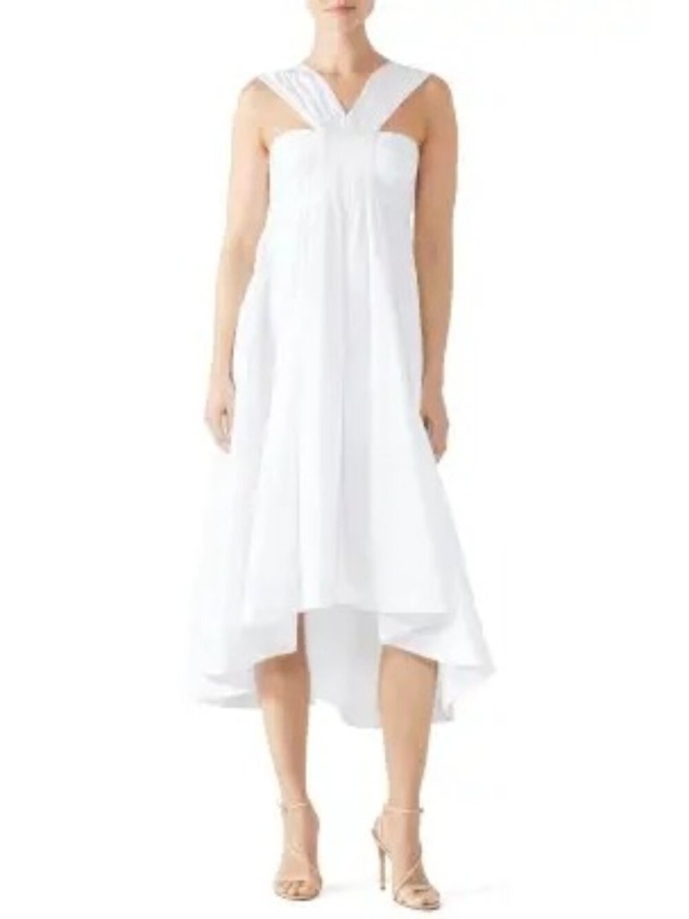 Teija White High-Low Cross-Strap architectural Midi Dress with V-Neck size 10